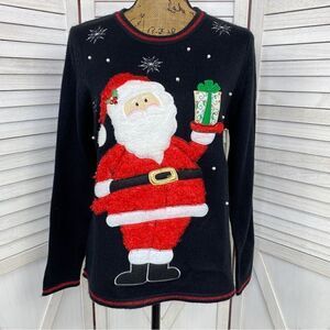 Red Label Fuzzy Santa‎ Christmas Pullover Sweater Black Red Small
